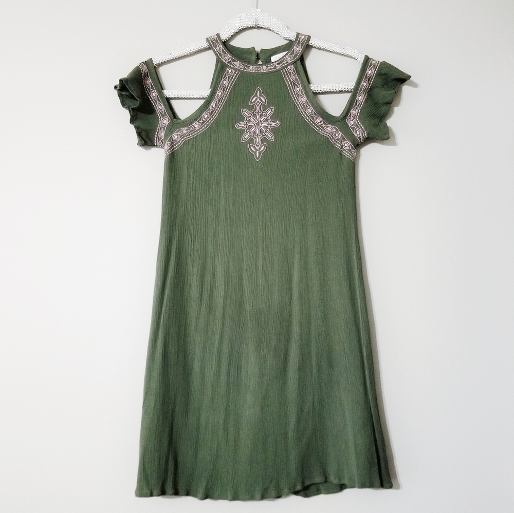 Love Fire green dress with pink embroidery XS